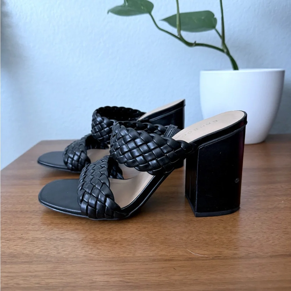 Bamboo Black Woven Braided Square Toe Block Heels Sandals Size 8.5 Vegan Leather - Picture 9 of 9